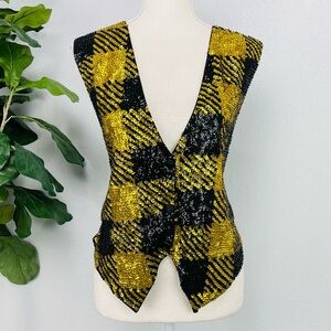 Vintage Sequins Embellished Beaded Gold Black Fabulous Retro Vest